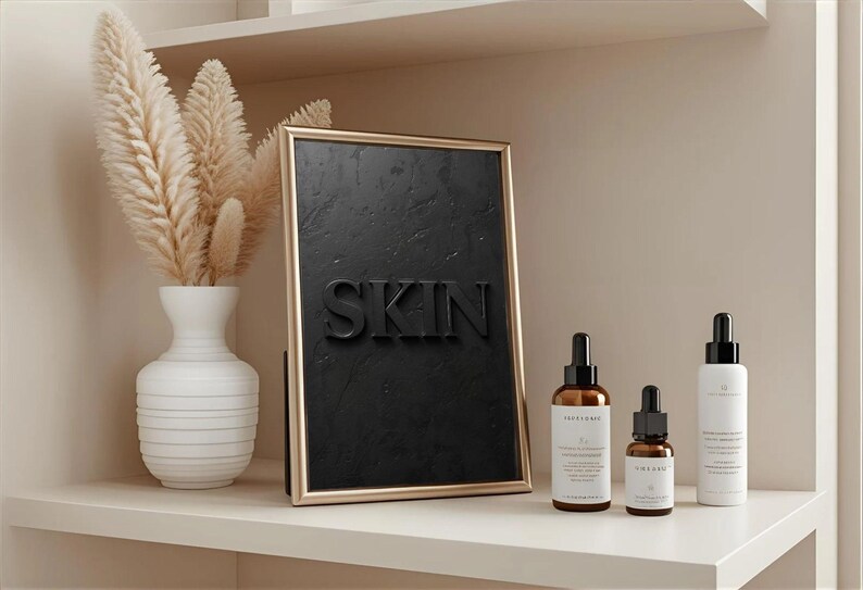 Minimalist printable wall art featuring the word "SKIN" embossed on a lightly textured, black concrete-style background, perfect for esthetician, dermatology office, med spa, or skincare gift decor.