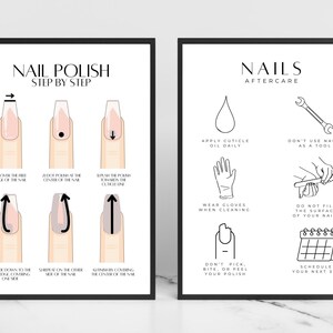 May include: Two framed prints with black borders. The left print details nail polish application steps, and the right print shows nail aftercare tips. Both prints feature black text and illustrations on a white background.
