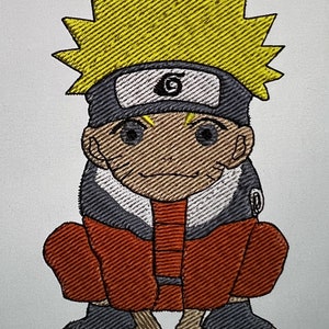 May include: An embroidered patch of a cartoon character with yellow spiky hair, a headband with a swirl symbol, and an orange and grey outfit. The character is sitting with their legs crossed.