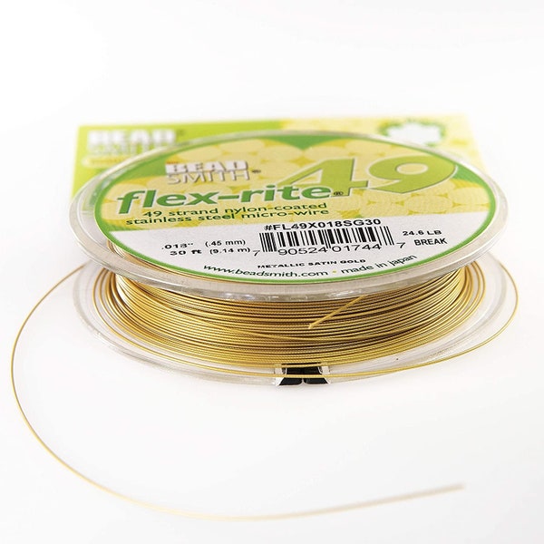 The Beadsmith Flex-rite 49 Strand Beading Wire - Metallic Satin Gold - .018" 30 ft