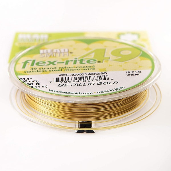 Beadsmith Flex-rite 49 Strand Beading Wire - Metallic Satin Gold - .014" 30 ft