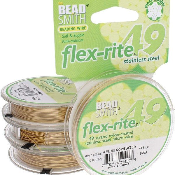 The Beadsmith Flex-Rite 49 Strand Nylon Coated, Stainless-Steel Beading Wire, Jewelry Making Supply (.024 Dia, Gold - 30 Ft)