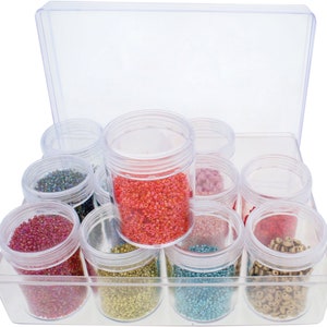 The Beadsmith Personality Case- Clear Storage Organizer Box, 6.25 x 4.75 x 2.1 in. Includes 12 Small Containers with lids- 1.5 x 2 inches