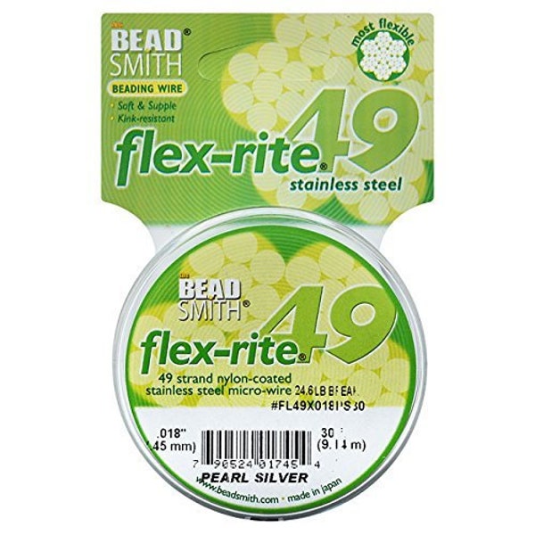 The Beadsmith Flex-Rite 49 Strand Nylon Coated, Stainless-Steel Beading Wire, Jewelry Making Supply (.018 Dia, Pearl Silver - 30 Ft)