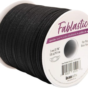 The Beadsmith Fablastic 5mm (0.196 inch) Flat Stretch Cord, Black Color, 100 Yard Spool (91.44 Meters), Essential Cord Bands Rope