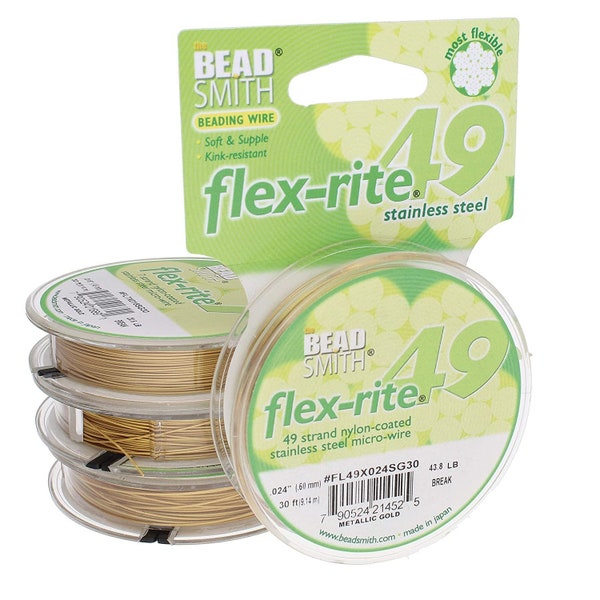The Beadsmith Flex-Rite Wire – 49 Strand, Nylon Coated, Stainless Steel Beading Wire – Gold Color.024” Diameter, 30-Foot Spool – Flexible...