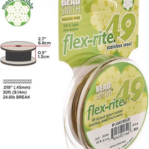 The Beadsmith Flex-rite 49 Strand Beading Wire Metallic Satin Gold .018 30 ft image 4