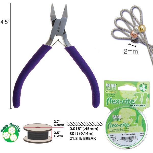 The Beadsmith Magical Crimper Kit, Includes Crimp Forming Pliers, 500 Crimp Tubes, 2x2mm in Assorted Colors and 21-strand FlexRite Wire