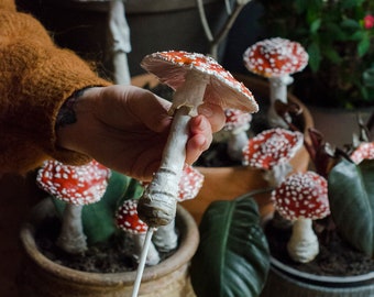 Artificial Realistic Amanita Mushrooms on Sticks – Fairy Garden Decor, Terrarium Accessories, Autumn Planter Decoration, Forest in a Jar