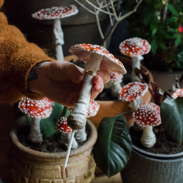 artificial, realistic toadstool mushrooms, pieces, terrarium or flowerpot decoration