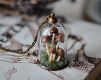 Forest terrarium necklace glass dome with artificial magic mushrooms, fake shrooms, jewerly with mushrooms