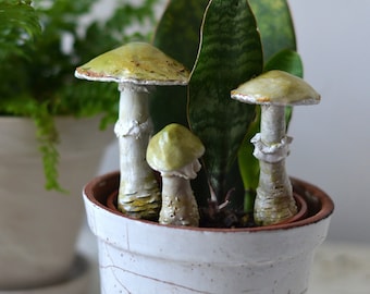 Set of 3 Miniature Polymer REALISTIC Death cap Green Mushroom Plant Terrarium