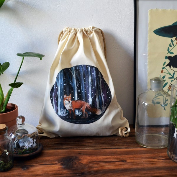 Ilustracja z lisem - Ręcznie malowany eco plecak worek bawełniany