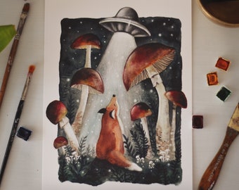 Digital art print watercolor illustration - "UFO, fox and mushrooms" A3 or A4