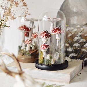 OOAK Terrarium with Toadstools - decoration forest under a glass dome with a rock crystal, glowing mushrooms