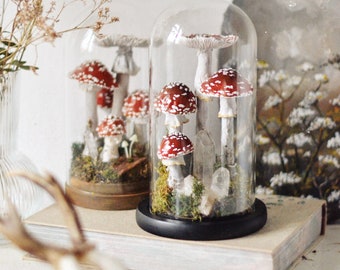 OOAK Terrarium with Toadstools - decoration forest under a glass dome with a rock crystal, glowing mushrooms