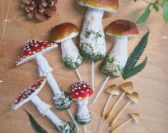 Set of 10 Miniature Polymer Mushroom Toadstool Decoration Plant Terrarium Realistic Mushrooms mixed size, various types of fungi