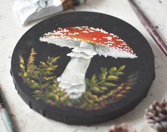 Dark Cottagecore Mushroom Painting – Round Acrylic Canvas with Toadstools – Witchy Wall Art