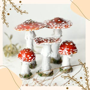 Set of 3 toadstool mushrooms, red fly-agaric figurines to put down, autumn table decoration, for shelf or table display