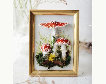 Red Mushrooms framed 3D witches Wall Art, vintage home wall decor