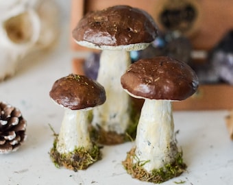 Set of 3 Realistic Polymer Clay Mushrooms – Forest Decor, Rustic Table Ornament, Nature Lover Gift