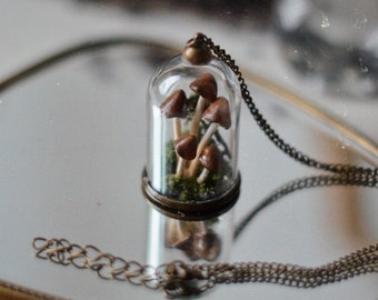 Forest terrarium necklace glass dome with artificial magic mushrooms