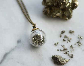Magic Gold Dust -  necklace with Golden  Pyrite Crystals Glass Ball - special gift for witch