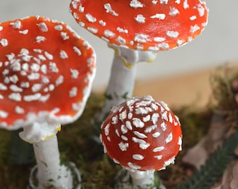 Clay Toadstool Mushrooms – Set of 3 Colorful Picks for Plants, Terrariums, Wreaths – Gift for Plant Lovers
