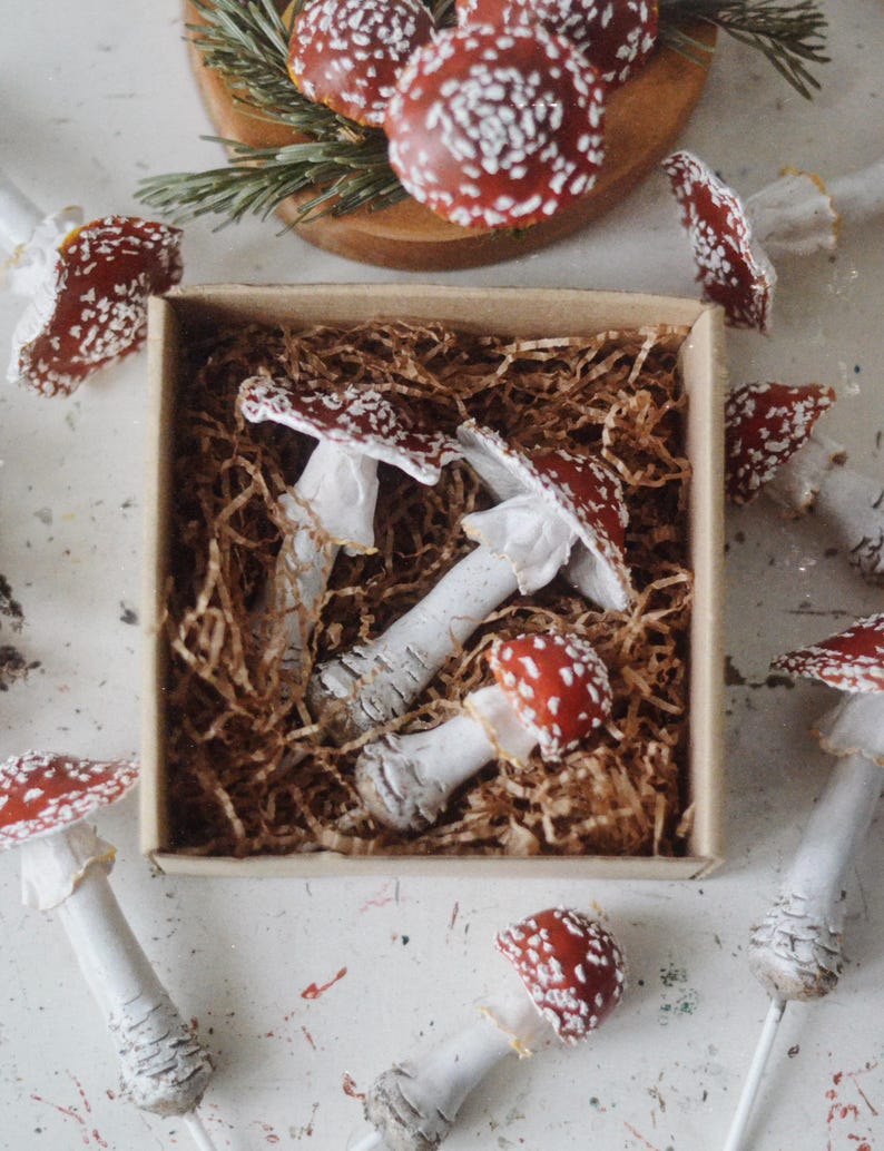 May include: A box filled with white and red mushroom ornaments. The mushrooms have white stems and red caps with white spots. The box is filled with brown shredded paper.