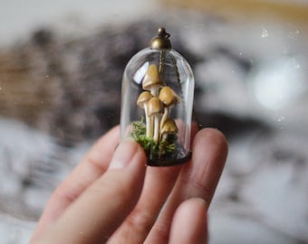 Forest terrarium necklace glass dome with artificial magic mushrooms