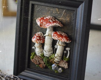 Mushrooms framed,  Toadstools Amanita Muscaria 3D witches Wall Art, vintage home wall decor
