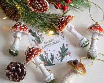 Christmas tree decoration set - Christmas Ornaments - Handmade Clay Mushroom - Toadstools & Boletus - Holiday Decor