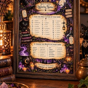 May include: A framed wall art print titled What Is Your Witchy Name? featuring a list of names corresponding to letters and birth months. The design includes a black cat, a cauldron, purple crystals, a witch hat, and a castle silhouette.