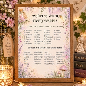 May include: A framed sign titled What Is Your Fairy Name? featuring a list of names corresponding to letters and birth months. The design includes illustrations of purple flowers, vines, a glowing mushroom, and a jar labeled fairy dust.