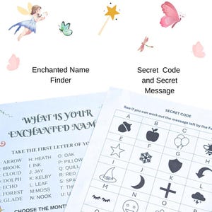 Pode incluir: Duas folhas de atividades intituladas Enchanted Name Finder e Secret Code and Secret Message. As folhas apresentam ilustrações de uma fada, borboletas e uma varinha de estrela. O texto inclui What Is Your Enchanted Name e uma grade de símbolos.