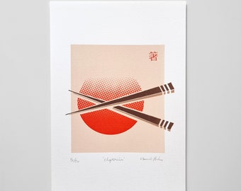 Original A4 Screen Print 'Chopsticks' Original Limited Edition | Wall Hanging Home Decor Japanese Japandi Gift for Her Him