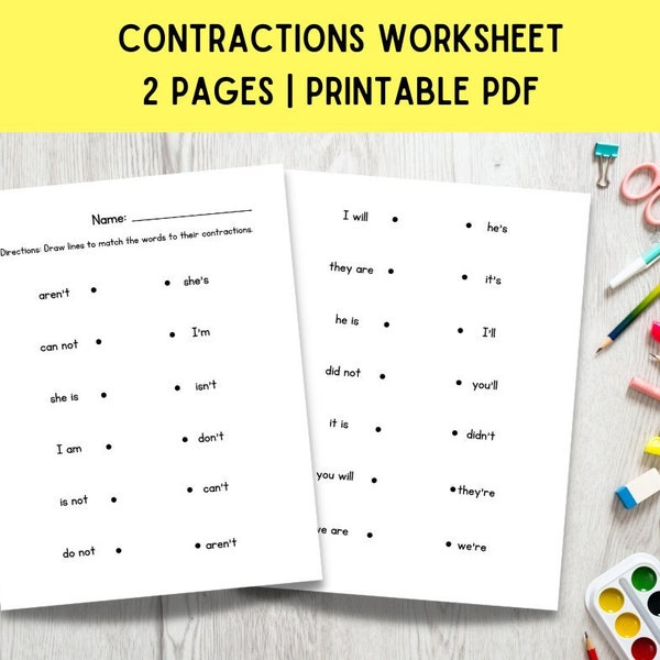 Learning Contractions Worksheet - Homeschool Printable - First Grade Worksheets - Second Grade Worksheets - Instant Download