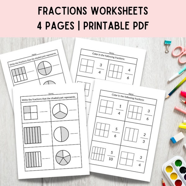 Learning Fractions Worksheet - Homeschool Printable - First Grade Worksheets - Second Grade Worksheets - Instant Download