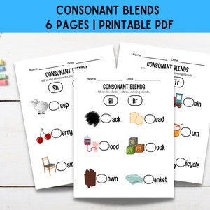 Plan de estudios de primer grado - Combinaciones de consonantes - Complete el espacio en blanco - Hojas de trabajo de fonética - Imprimibles para educación en el hogar - Combinaciones de dígrafos