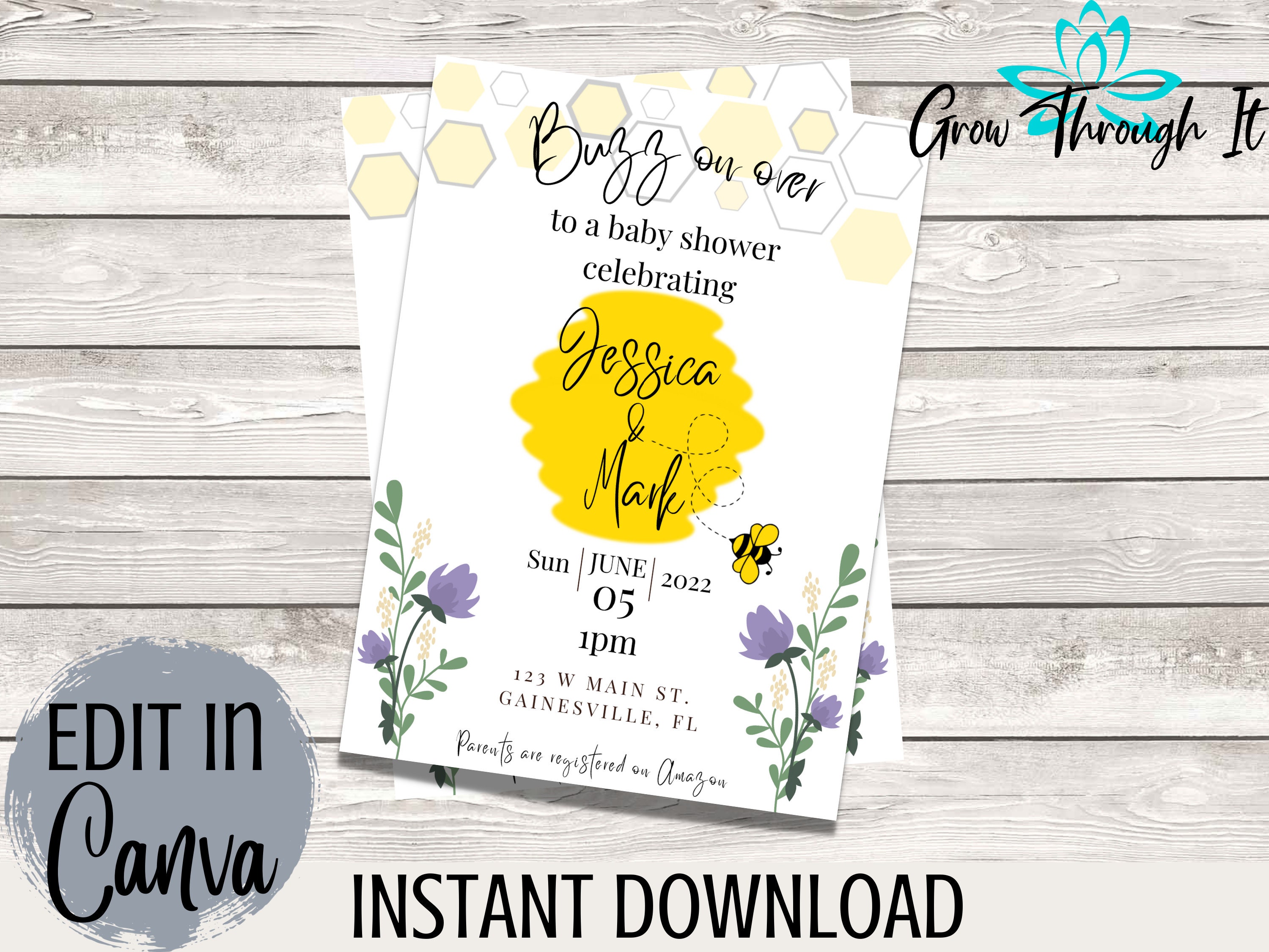 Printable Baby Shower Invitation Bumble Bee Themed Baby Shower Editable ...