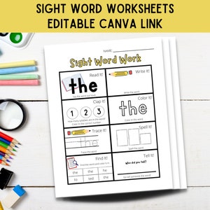 May include: A printable worksheet for learning the sight word "the". The worksheet includes activities such as reading, clapping, tracing, writing, spelling, coloring, and finding the word in a list. The worksheet is designed for young learners.