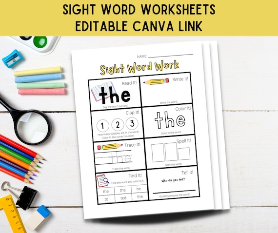 Sight Word Worksheet - Editable Canva Link - Kindergarten Curriculum - Homeschool Worksheet