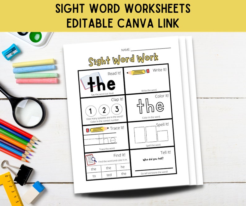 May include: A printable worksheet for learning the sight word "the". The worksheet includes activities such as reading, clapping, tracing, writing, spelling, coloring, and finding the word in a list. The worksheet is designed for young learners.