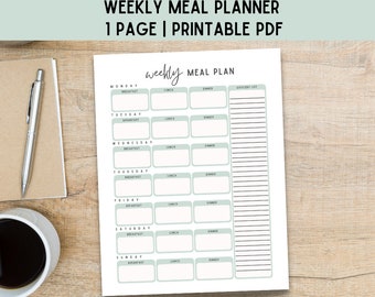 May include: A printable weekly meal planner with a light green background. The planner includes sections for breakfast, lunch, and dinner for each day of the week. There is also a grocery list section.