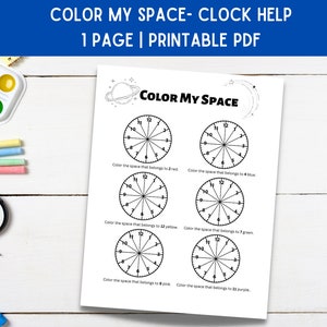 May include: A printable worksheet with five clock faces to color. Each clock face has instructions to color the space that belongs to a specific number with a specific color. The colors are red, blue, yellow, green, pink, and purple.