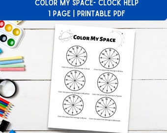 1st Grade Learn Time Worksheet: Color My Space Analog Clock (PDF)