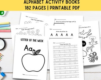 May include: Black and white printable alphabet activity book pages for kids. The pages feature letter tracing, writing, and coloring activities. The pages are titled "Letter of the Week", "Color the lowercase z", "Color the uppercase Z", "Write the letter Aa", and "Trace the letter Aa".