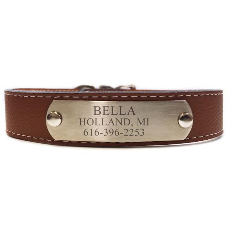 Italian Leather Dog Collar With Engraved Nameplate Brown Etsy