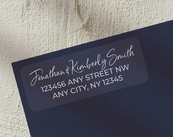 White Ink Printed Return Address Labels | Script Calligraphy Font | Clear | Glossy Matte | Custom White Ink Envelope Labels | RA-1010W