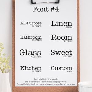 May include: A white sheet of paper with the text "Font #4" at the top. The paper is on a corkboard with a silver clip. The paper has examples of different font styles for labels, including "All-Purpose Cleaner", "Linen Spray", "Bathroom Cleaner", "Room Refresh", "Glass Cleaner", "Sweet Dreams", "Kitchen Cleaner", and "Custom Label". Each label is 4.25 inches long.